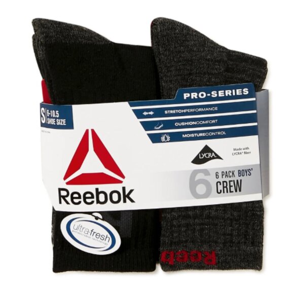 Reebok Pro-Series Crew Socks 6-Pack for Boys Size M - Picture 1 of 2